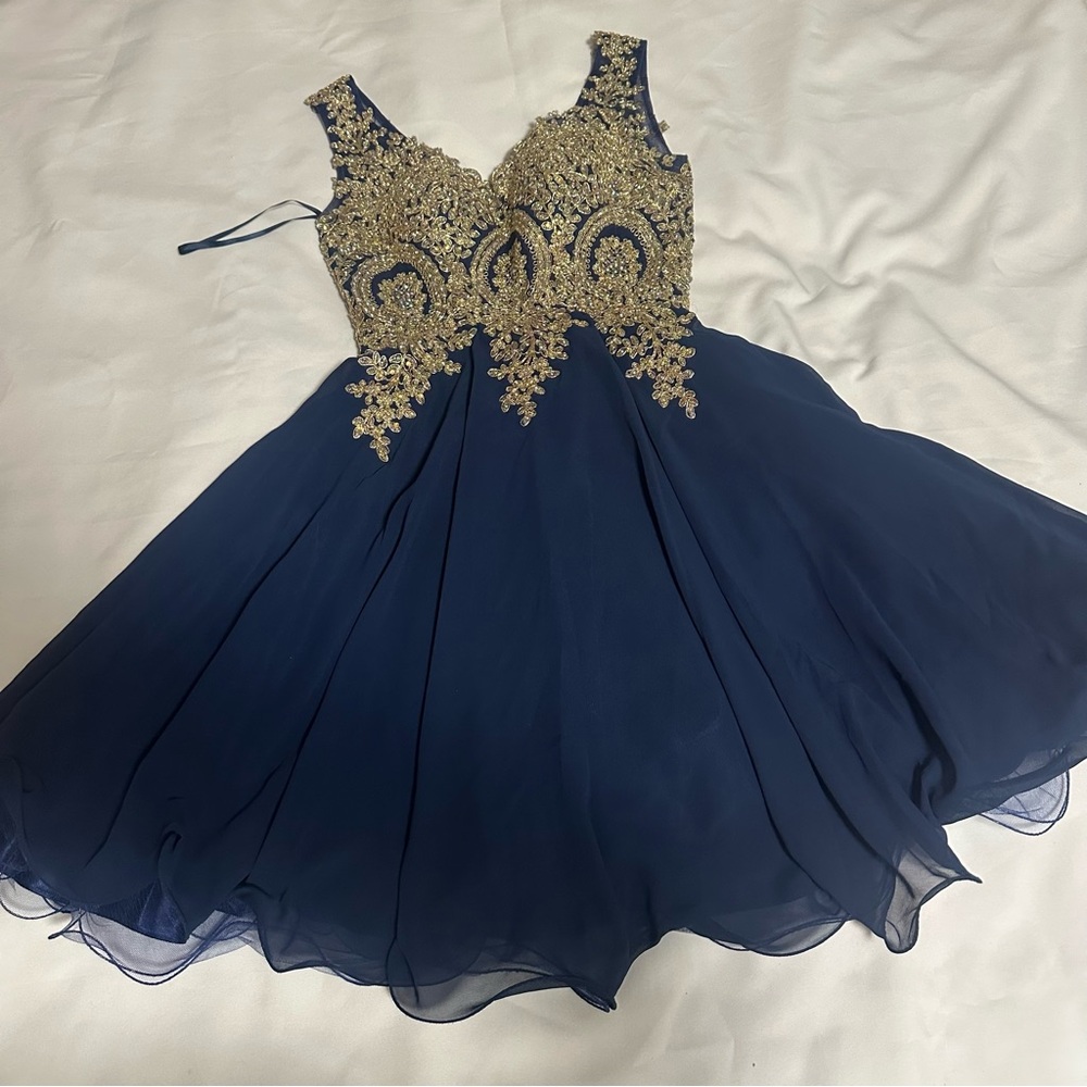 May Queen Navy Dress with Gold beaded floral design size 4